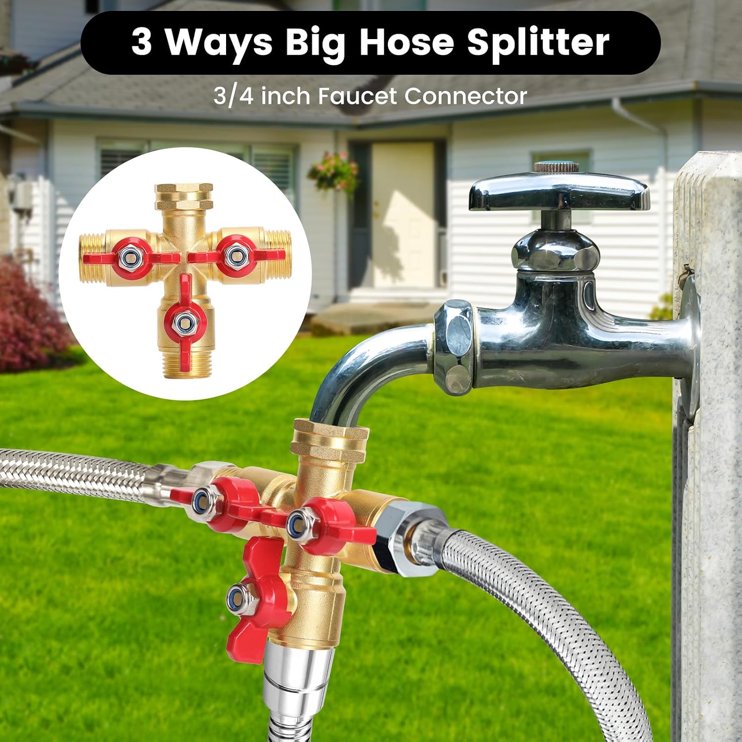 Garden Hose Splitter 3 Way, Heavy Duty 3-Way Brass Valve Garden Hose Splitter With Stainless Steel Long Handle, Full