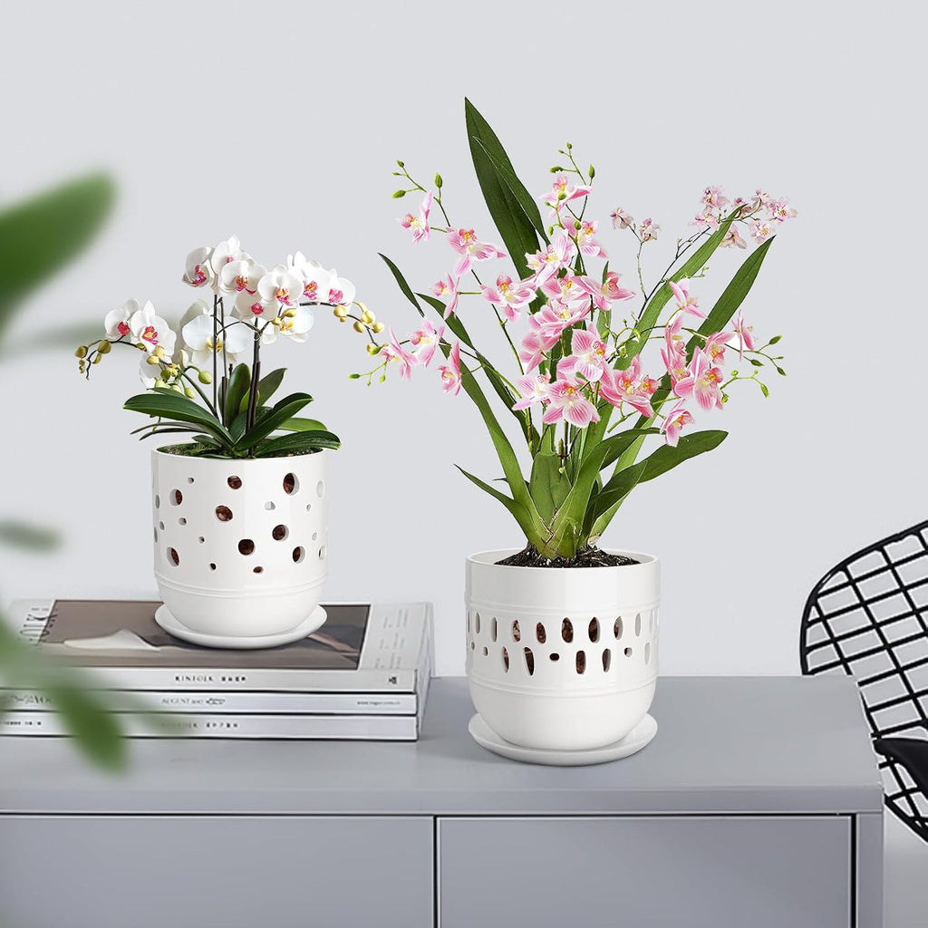 Orchid Pot with Holes, 5+6 Inch Ceramic Orchid Pots, Flower Pots with Drainage and Saucer, Promoting Air Circulation