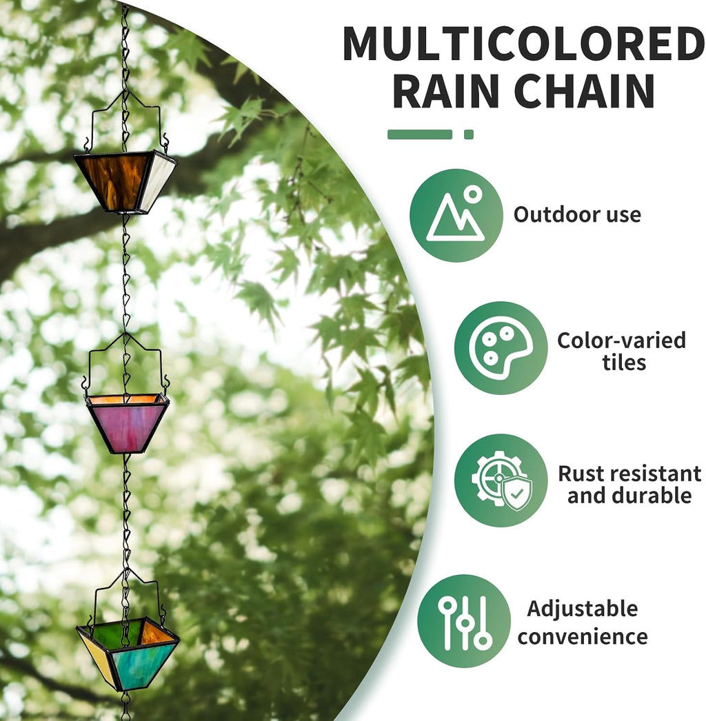 Rain Chain Set 8.5FT,Handmade Metal Inlaid Stained Glass Vintage Style, Rain Chains for Drains to Divert Water & Home