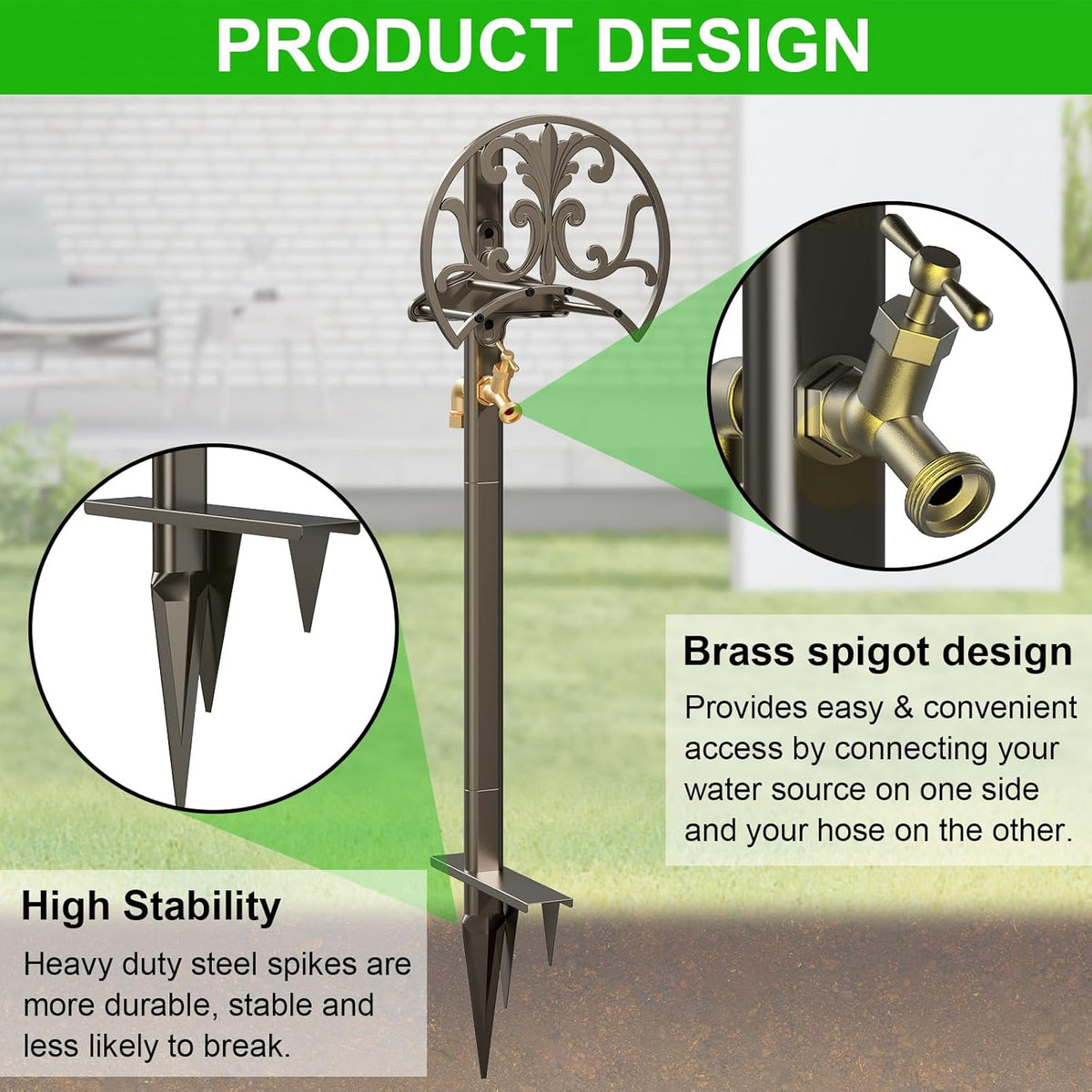 GOFORWILD Hose Stand with Brass Faucet, Holds 150 ft 5/8-in Hose | Detachable Heavy Duty Water Hose Holder