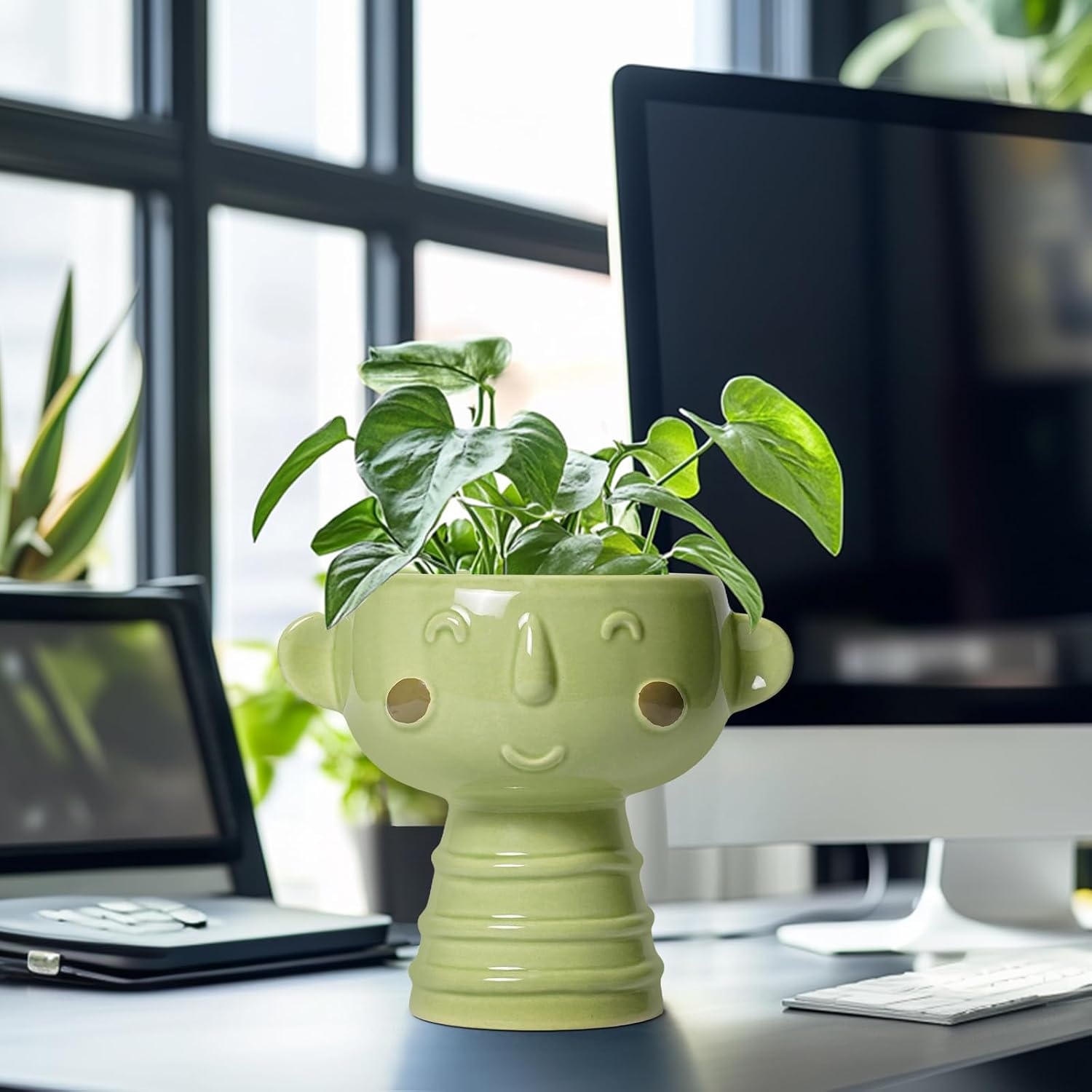 Face Planter Pots Head - 7 Inch Ceramic Succulent Plant Pots with Drainage Hole, Cute Head Planters for Indoor Outdoor