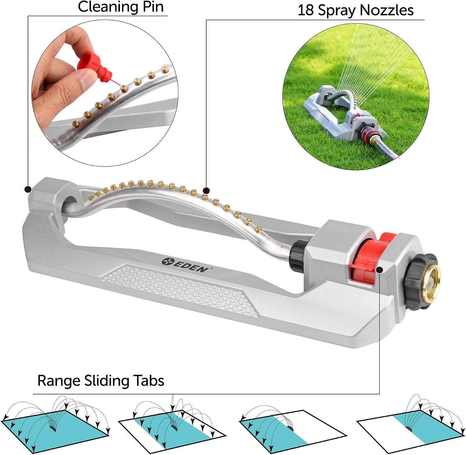 Eden 96218 Heavy Duty Turbo Oscillating Sprinkler, Covers Up to 3,700 sq. ft., 18 Brass Nozzles, Weighted Aluminum