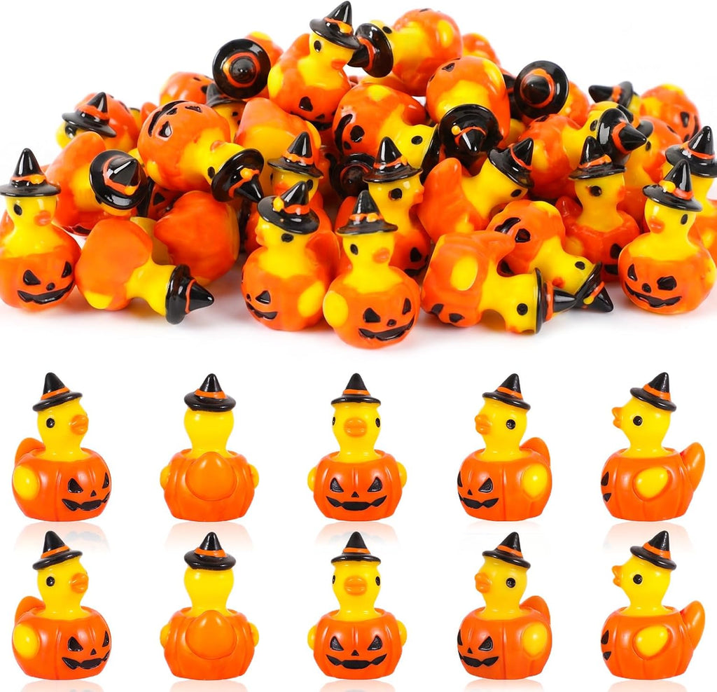 JUNEBRUSHS 50Pcs Mini Resin Ducks Halloween Tiny Pumpkin Ducks Figures
