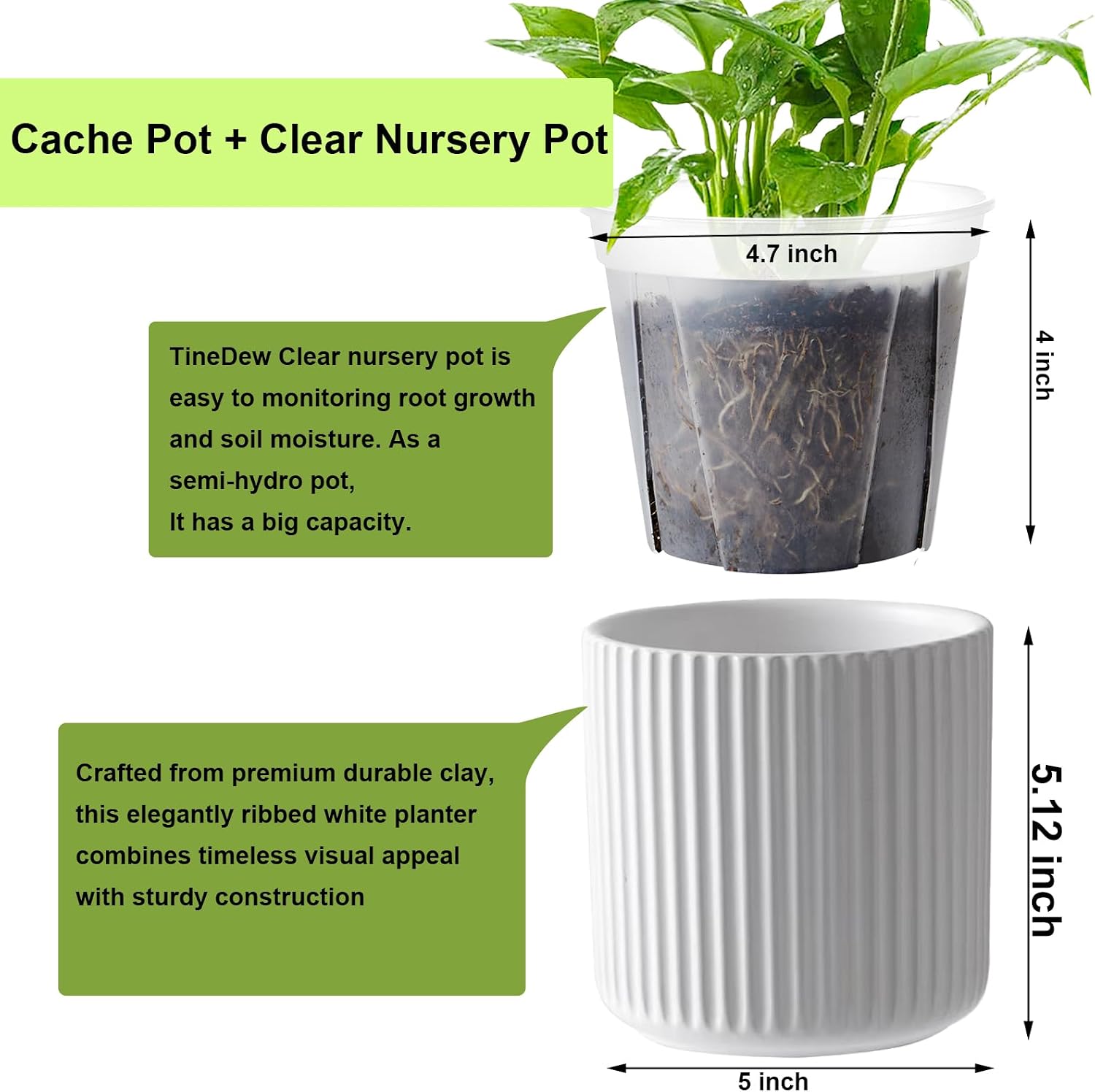 Orchid Pot,Ceramic Plant Pot with Clear Pot,5 inch,White,2pack | self watering,Dual-Pot System,Root Visibility,Flexible