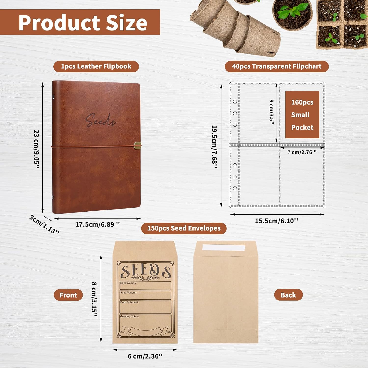Garden Seed Storage Organizer Binder - 150 Resealable Seed Envelopes Brown Shell with 40 Sheet Protectors for Efficient