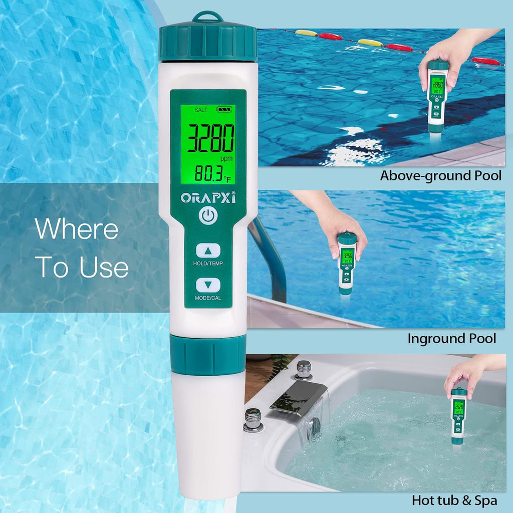 Pool Salt Tester pH and Salt Meter for Saltwater Pool pH Tester | Digital Salinity Tester 5 in 1 pH Salt TDS EC Temp