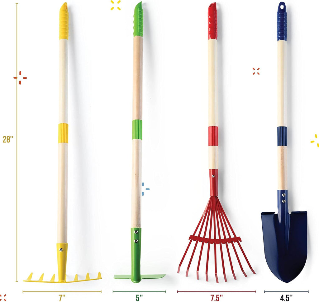 Play22 Kids Garden Tool Set Toy 4-Piece - Shovel, Rake, Hoe, Leaf Rake, Wooden Gardening Tools for Kids Best Outdoor