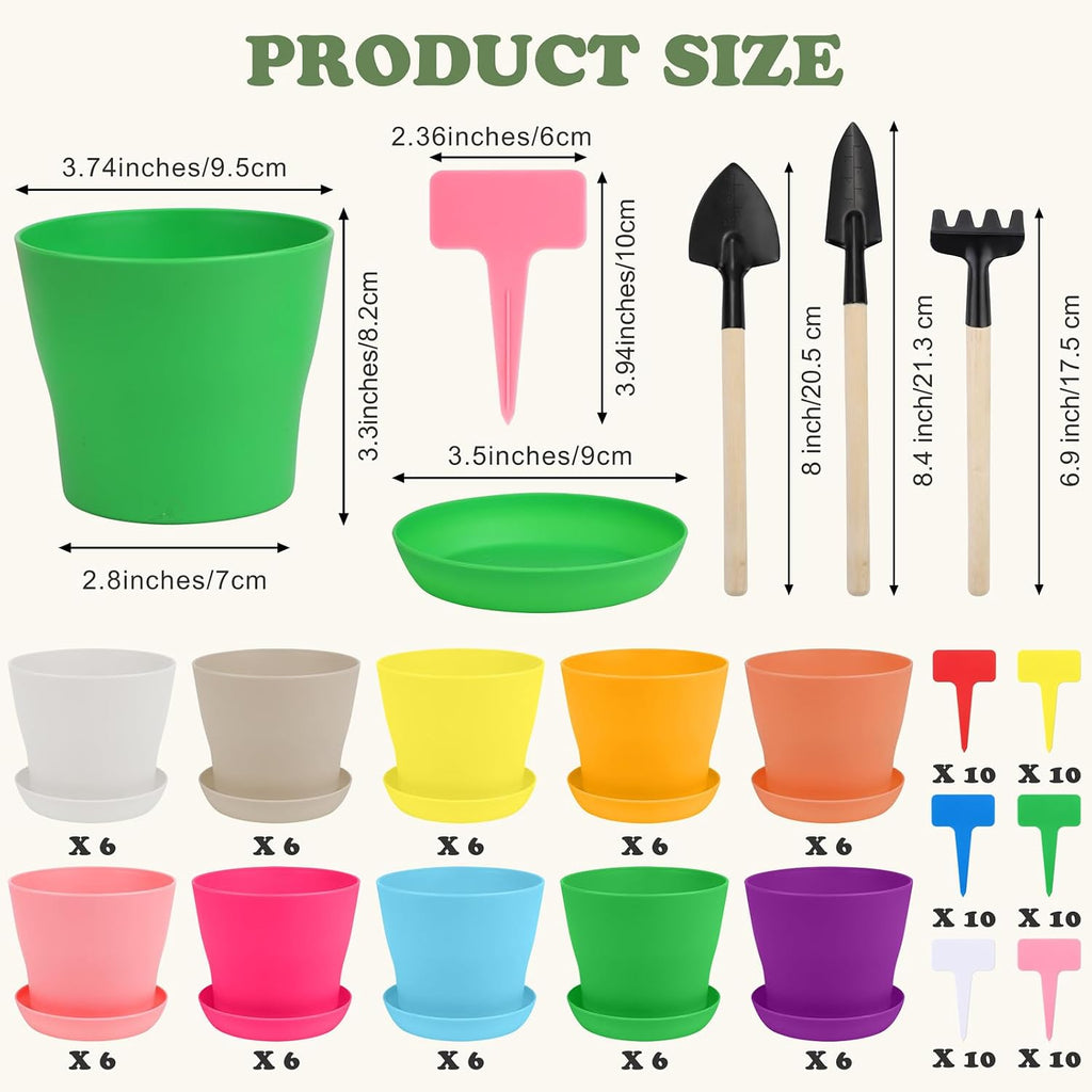 Hahood 60 Pieces Plastic Planters 4 Inch Flower Pot with Trays Labels Multicolor Flower Plant Pots Plants Nursery Pots