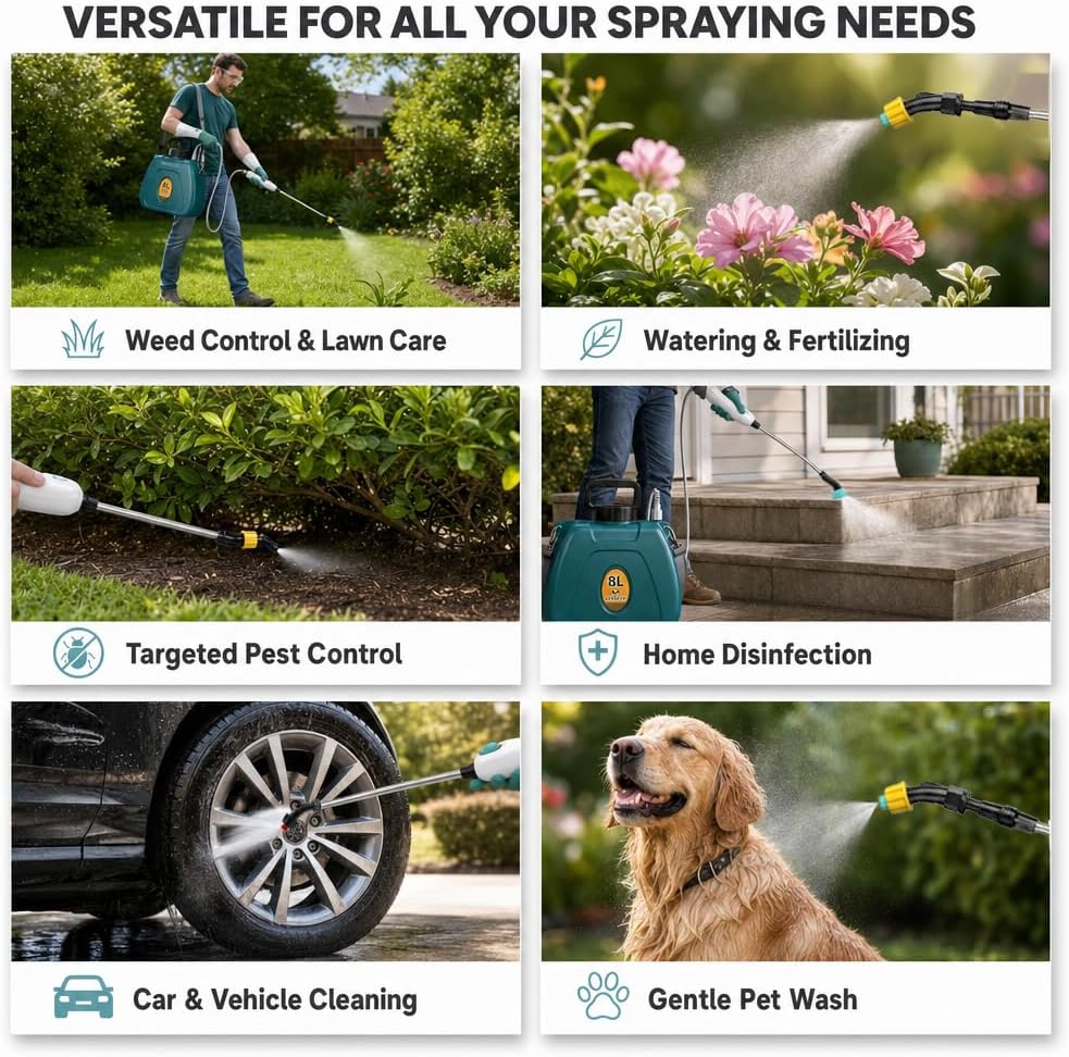 2 Gallon Battery Powered Sprayer, Electric Pump for Weed Killing & Fertilizing, 5 Nozzles, 2500mAh Rechargeable Garden