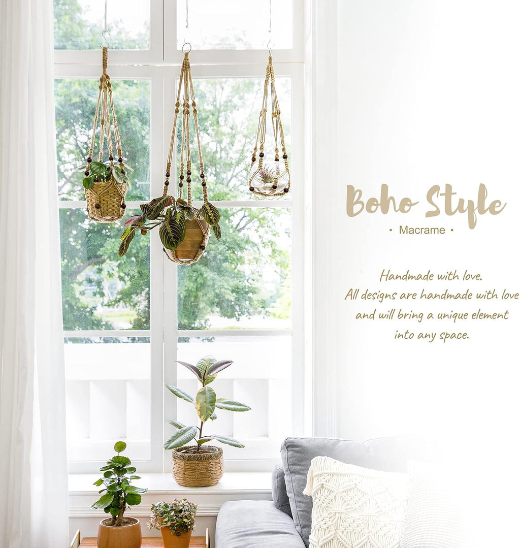 Mkono Macrame Plant Hanger Indoor 35 Inch Hanging Planter Basket Brown 3Pcs | Hanging Plant Holder with Decorative Wood