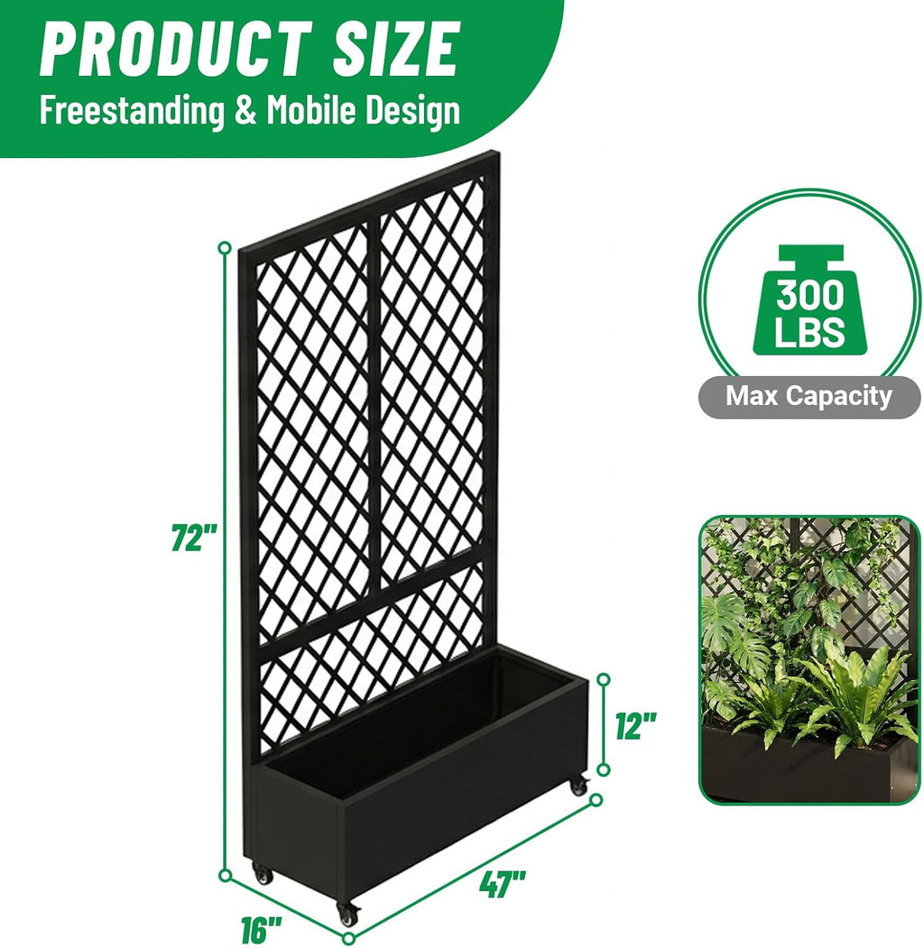 Planter Raised beds with Trellis，72" x 47" x 16",Black Grid,Privacy planters for Patio,Planter Box for Climbing Plants