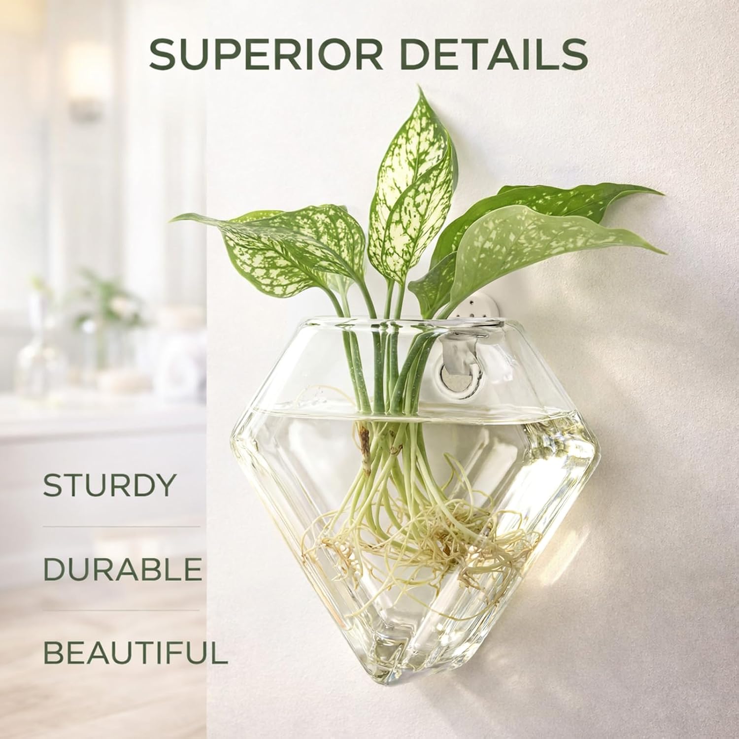 Yungyan 6 Pack Wall Mounted Glass Planter Borosilicate Glass Diamond Hanging Vase with Hidden Invisible Hook Hydroponic