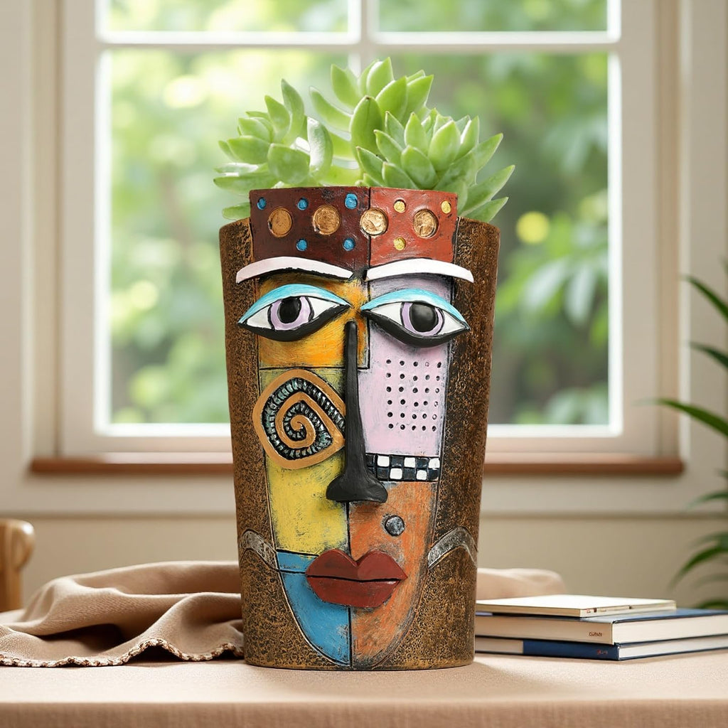 Picasso Abstract Face Flower Pot,Plant Pot with Facial Expressions,Handmade Resin Plant Pot with Drainage Holes,for
