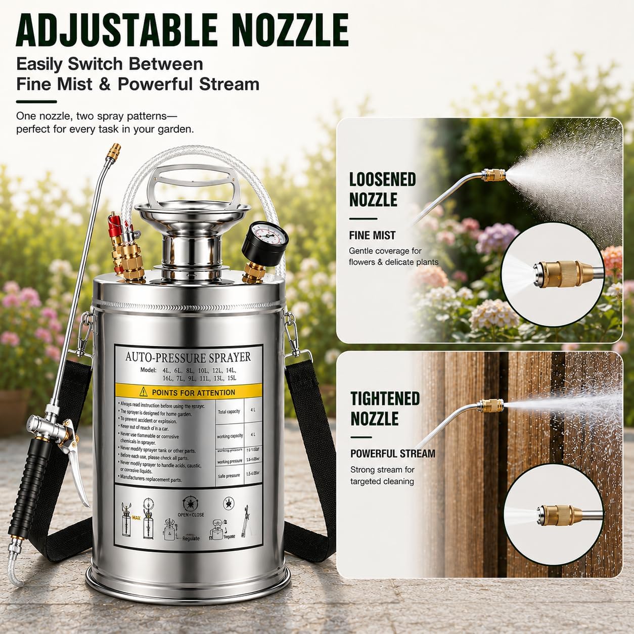 Stainless Steel Sprayer 3 Gallon - Steel Hand-Pump Sprayer, with 3.3-inch Reinforced Hose - Garden Sprayer for Home