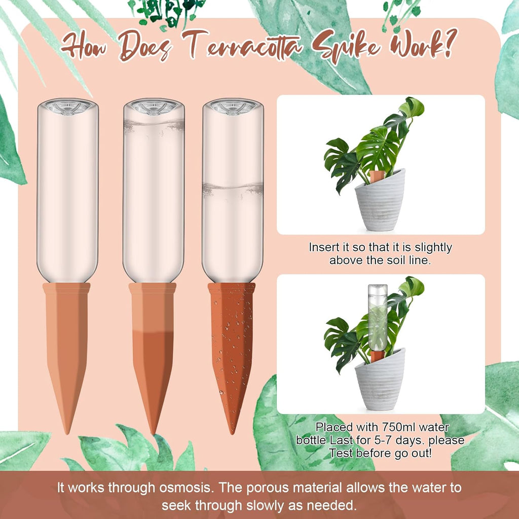 SiliFine 6 Sets Terracotta Watering Spikes,Clear Green and Terracotta | 26 oz Bottles for Slow Release Watering, Self
