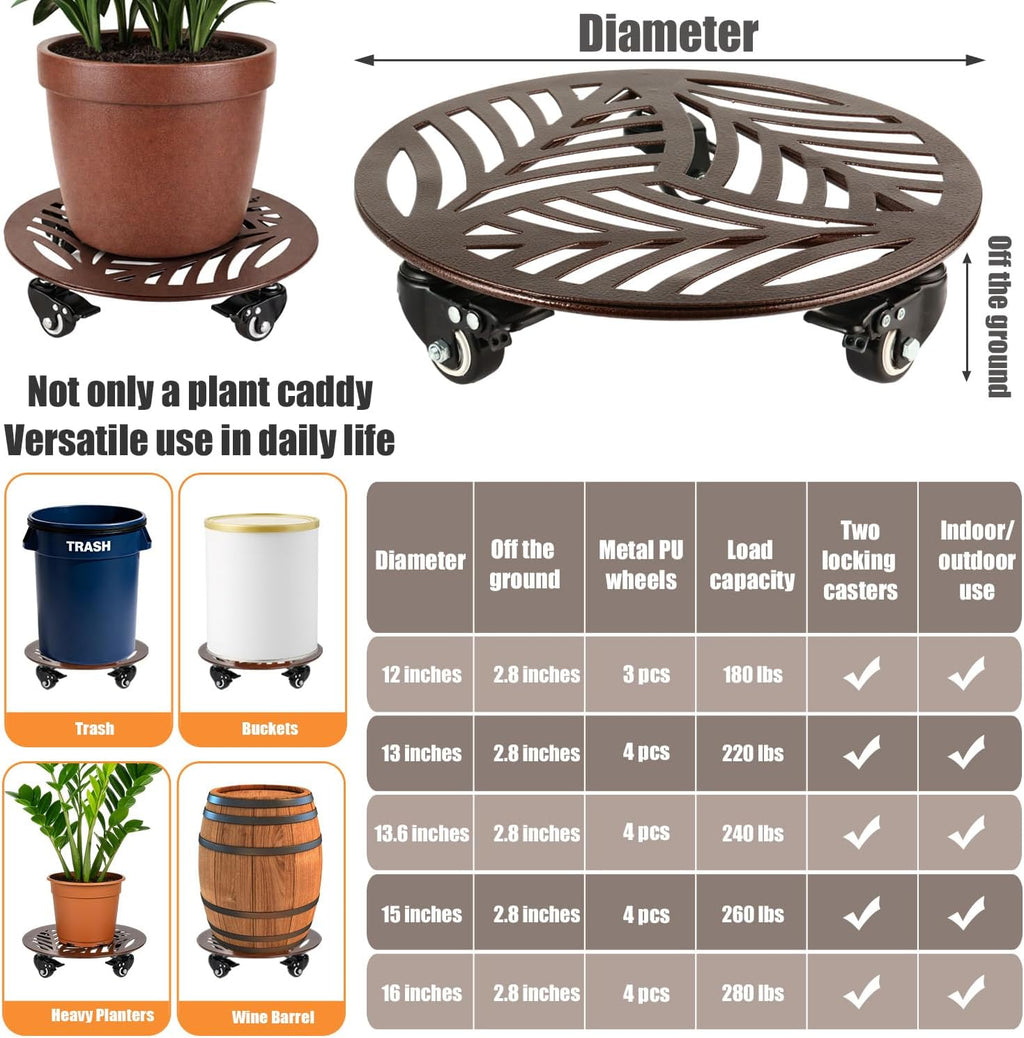 2-Pack Large Metal Plant Caddy with 3 Wheels 12 Inches Heavy-duty Rolling Plant Stands with Casters Wheeled Flower Pot