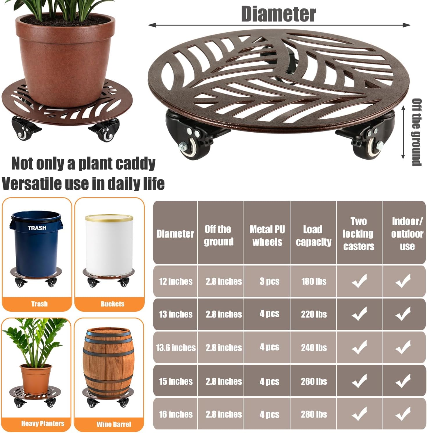 2-Pack Large Metal Plant Caddy with 3 Wheels 12 Inches Heavy-duty Rolling Plant Stands with Casters Wheeled Flower Pot