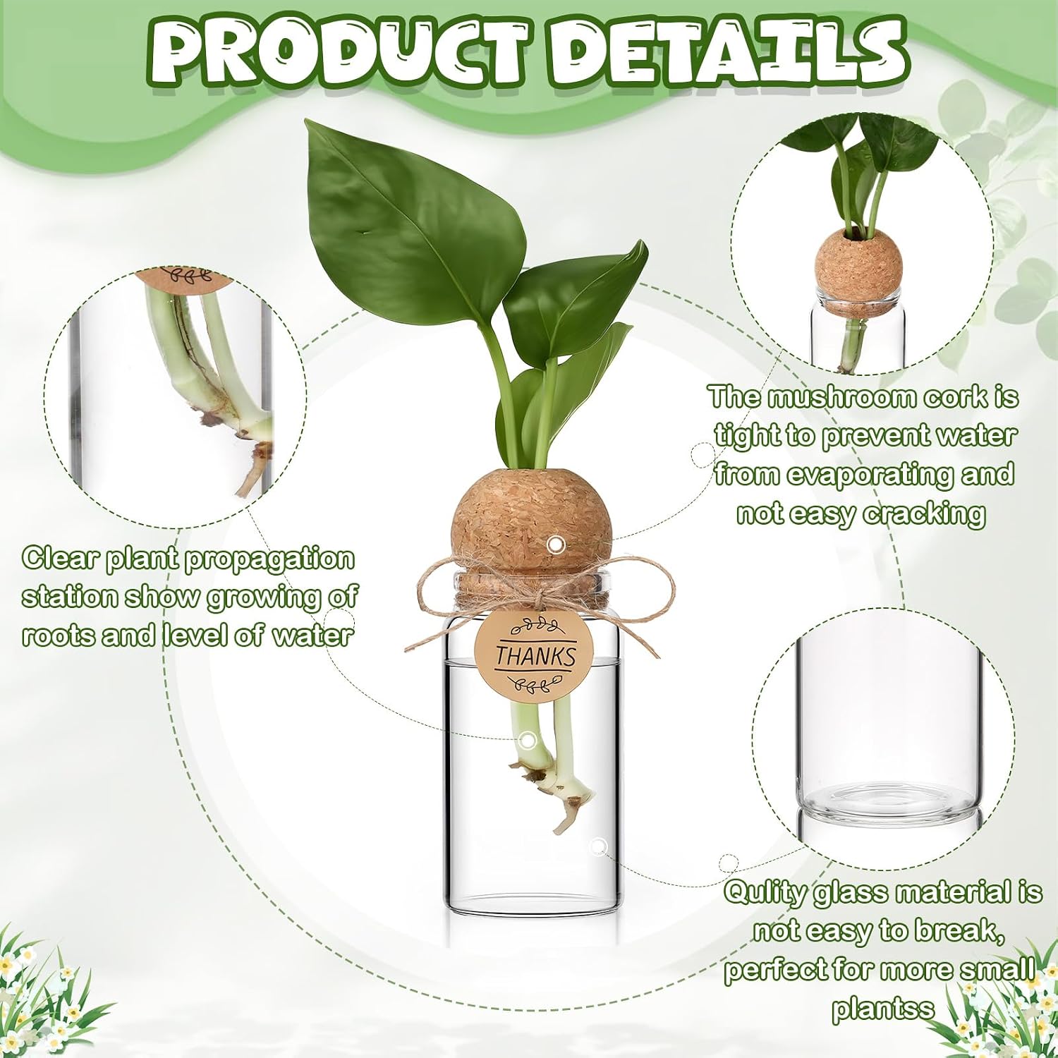 24 Pack 3.54'' Plant Propagation Stations 4 oz Glass Propagation Jars Planter Hydroponic Vase with Mushroom Hole Lid