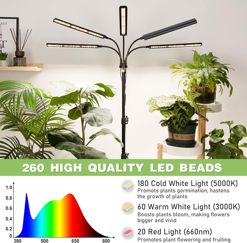 FOXGARDEN Grow Lights for Indoor Plants 5-Head Full Spectrum with Tripod Stand, Timer, Dimmable Flexible Goosenecks for