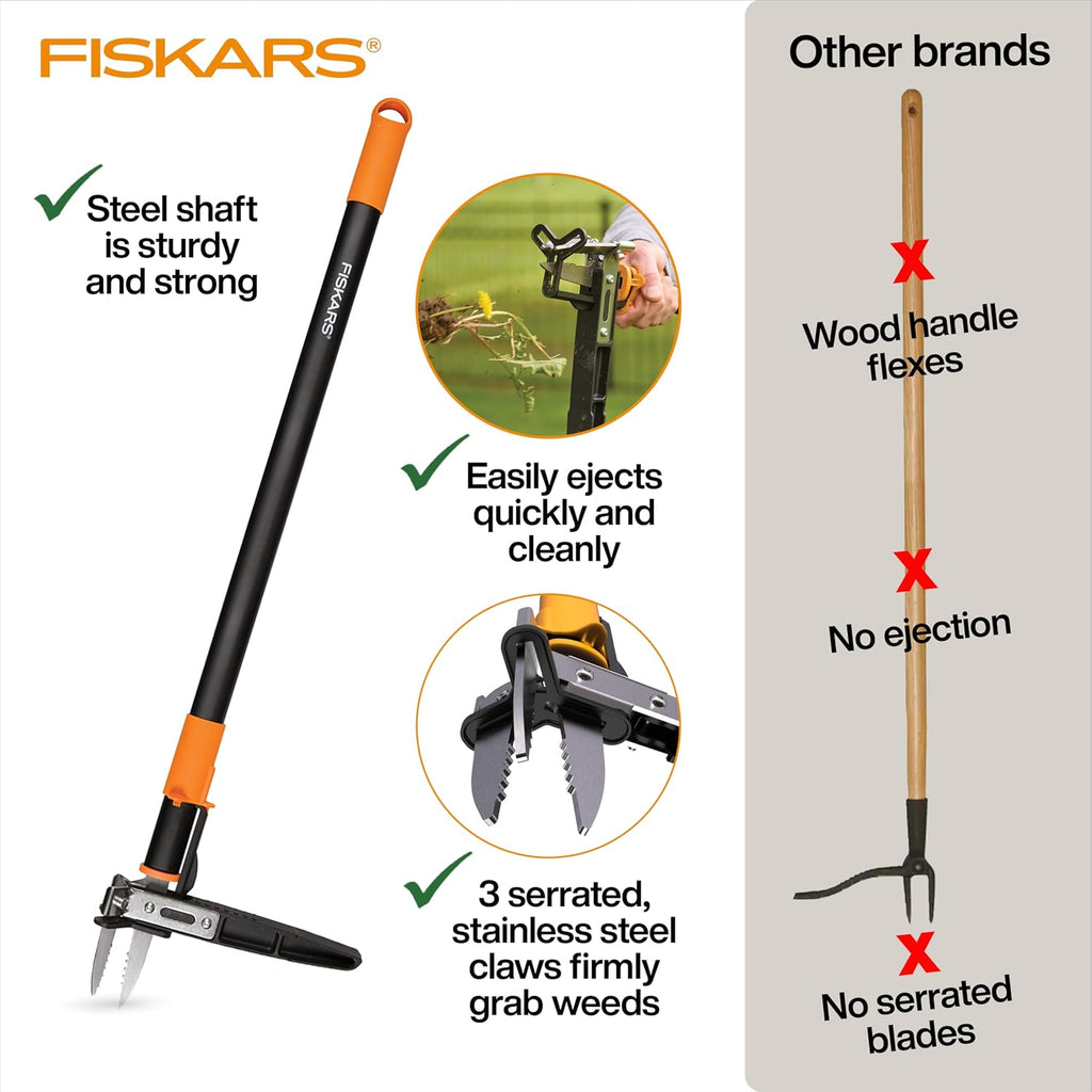 Fiskars Stand-Up Weed Puller Tool, 3 Serrated Stainless Steel Claws, 39"
