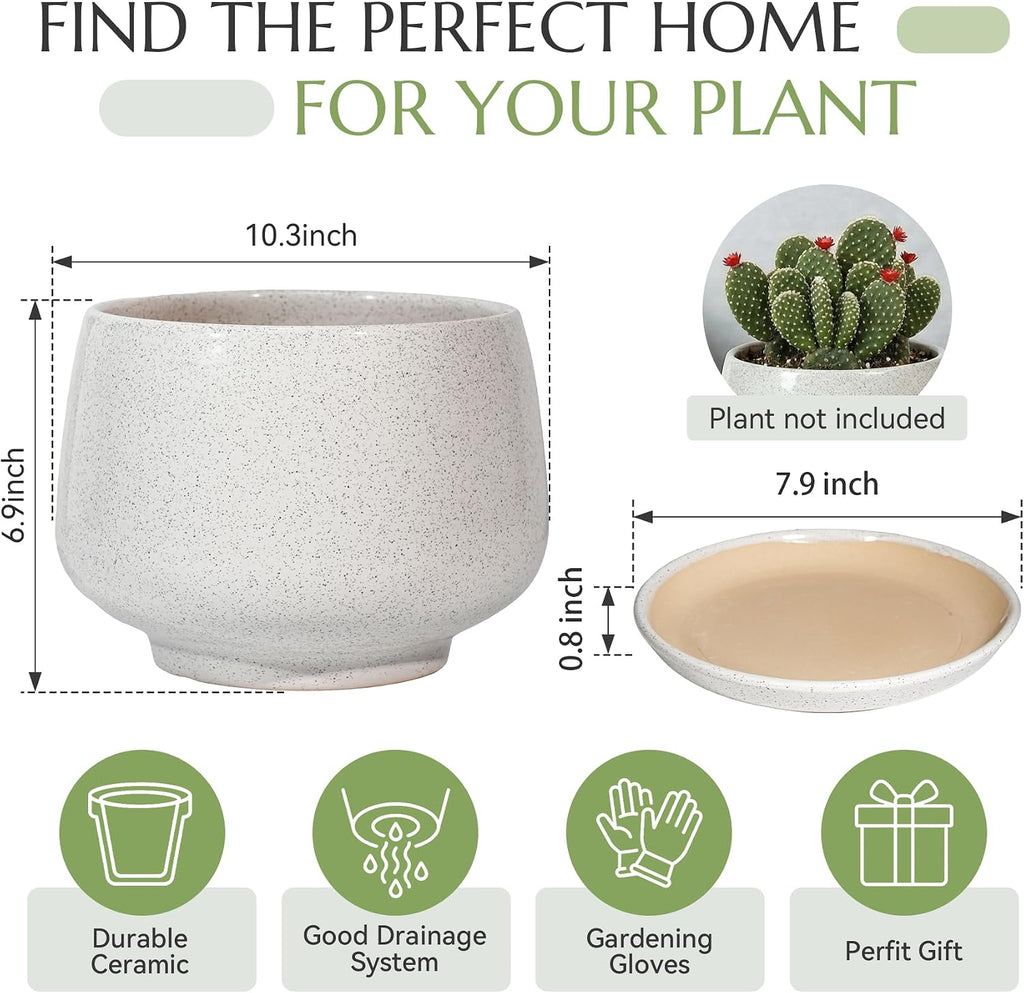 10.3 Inch Flower pots for Indoor Outdoor Plants with Saucer Drainage Leak-Proof Mesh, Ceramic Planter with Gardening