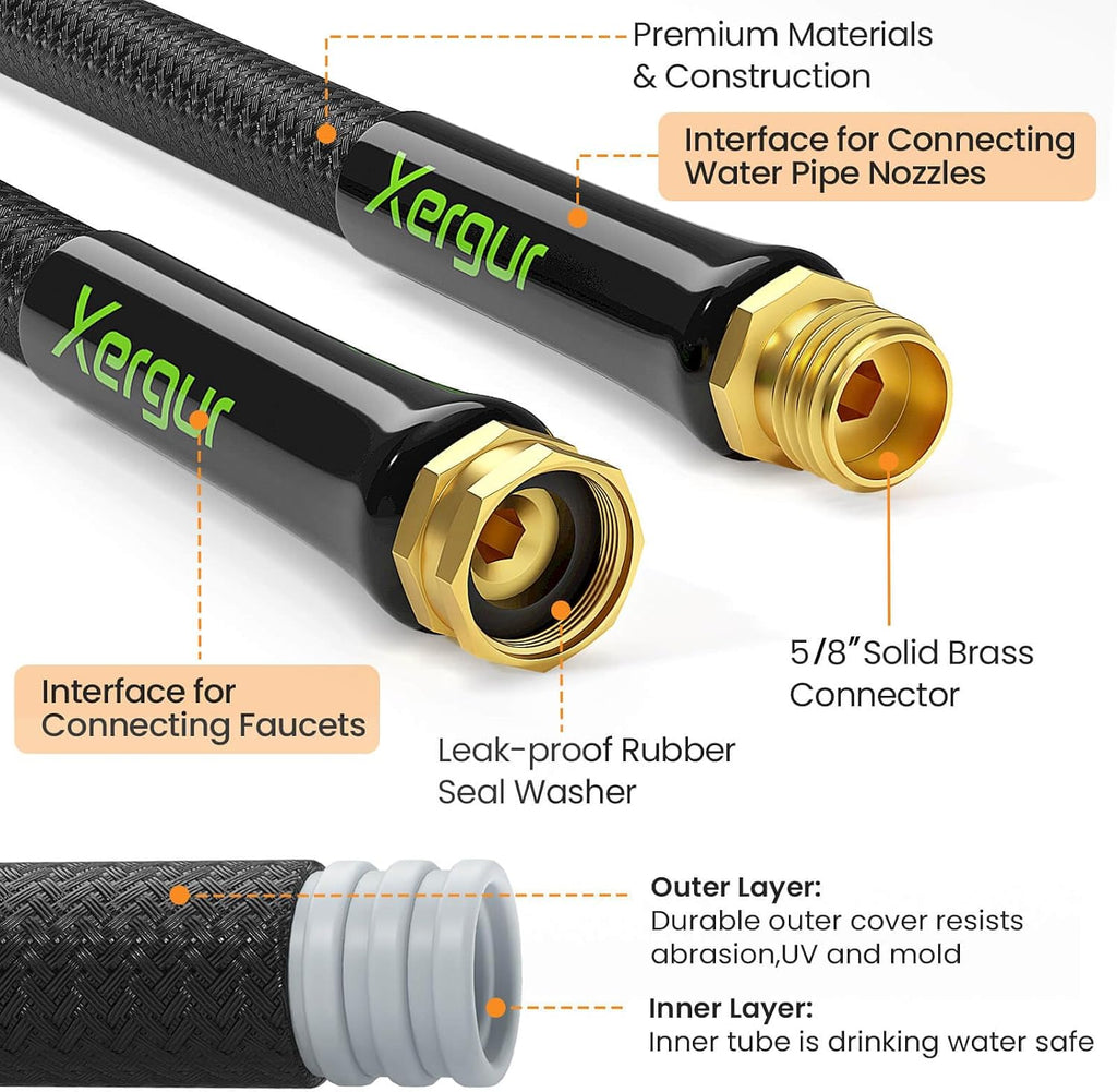 Garden Hose 50Ft, Flexible Lightweight Water Hose, Brass Fittings, Black | Double latex core, leak-proof, no kink