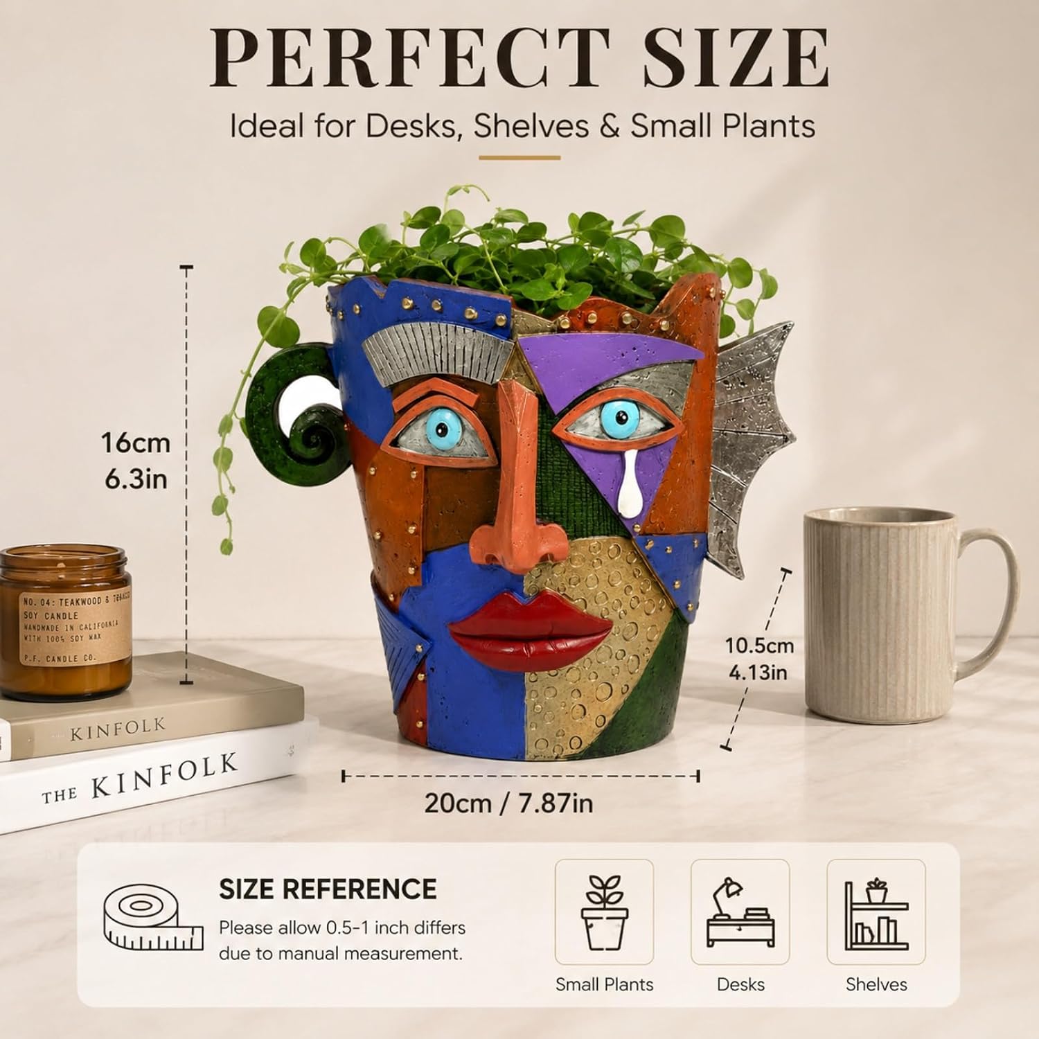 Picasso Abstract Face Planter, Resin Head Pot, for Indoor Outdoor | Handmade cubist planter with drainage hole for