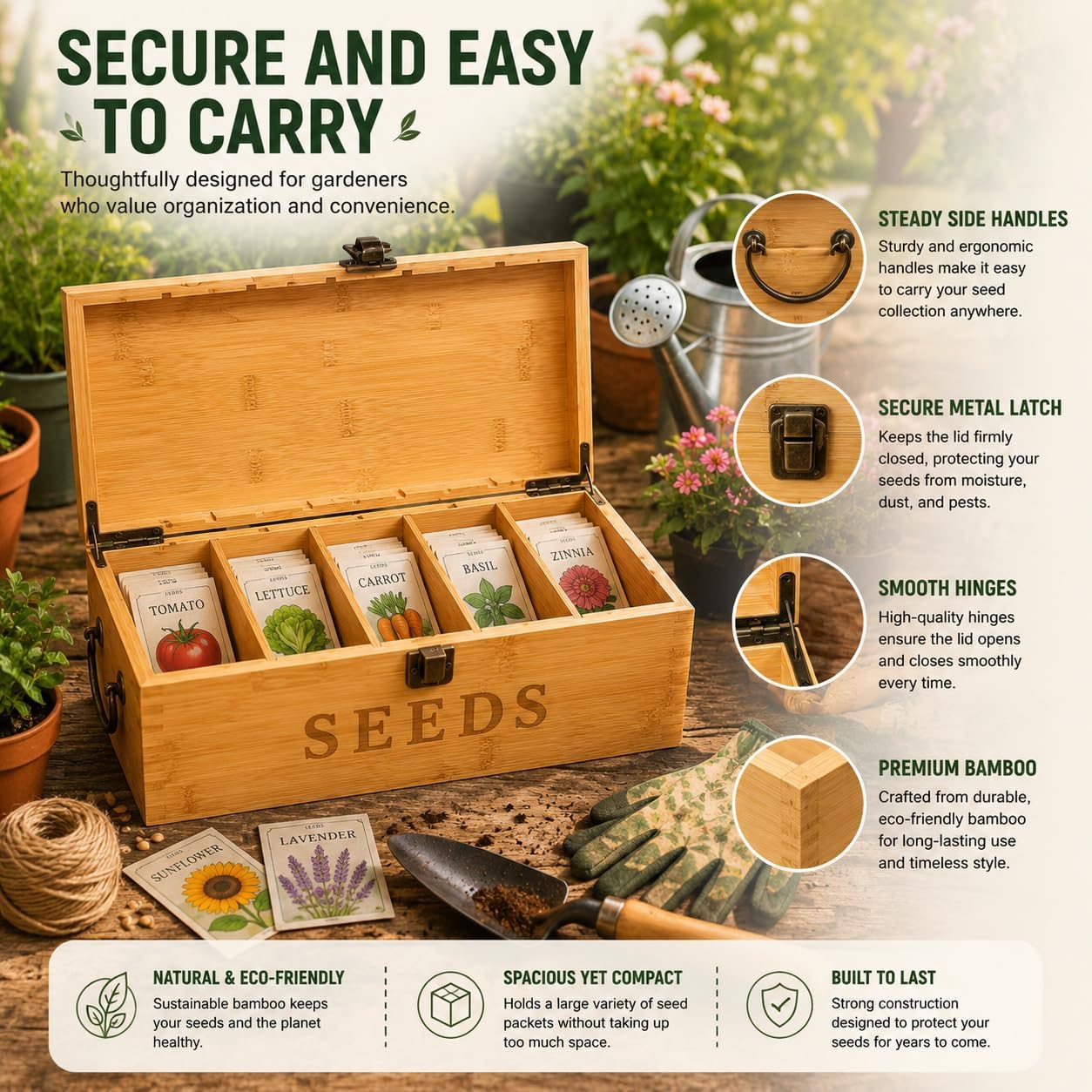 Bamboo Garden Seed Storage Organizer Box, Wooden Seed Box with Removable Dividers, Metal Handle and Latch, Seed Keeper