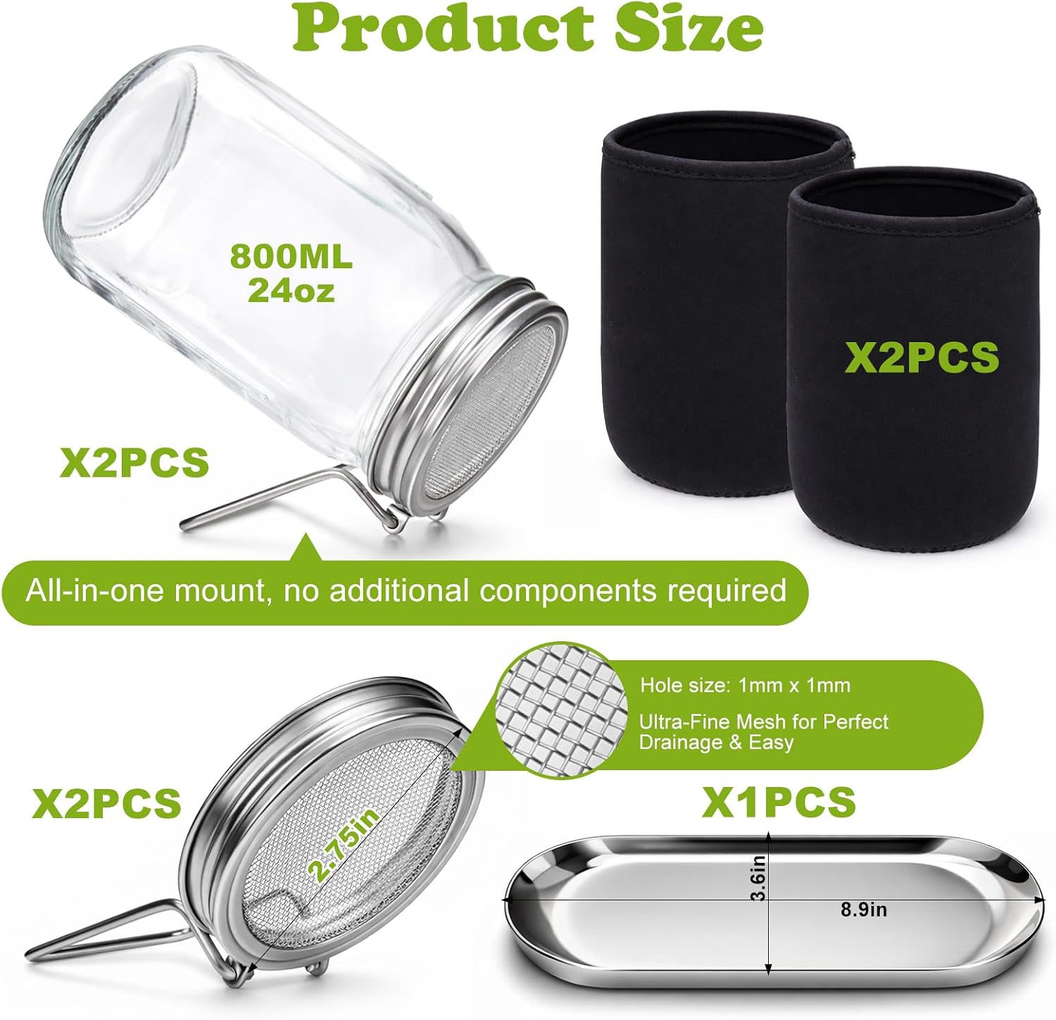 Palksky Regular Mouth Sprouting Kits with Stainless Steel Screen Sprouting Lids & Glass Mason Jars & Light-Blocking