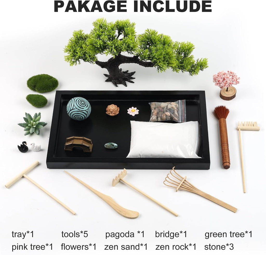 Zen Garden Kit for Desk Decor - Premium Beautiful Japanese Mini Zen Sand Garden Box Set for Home, Office with Black