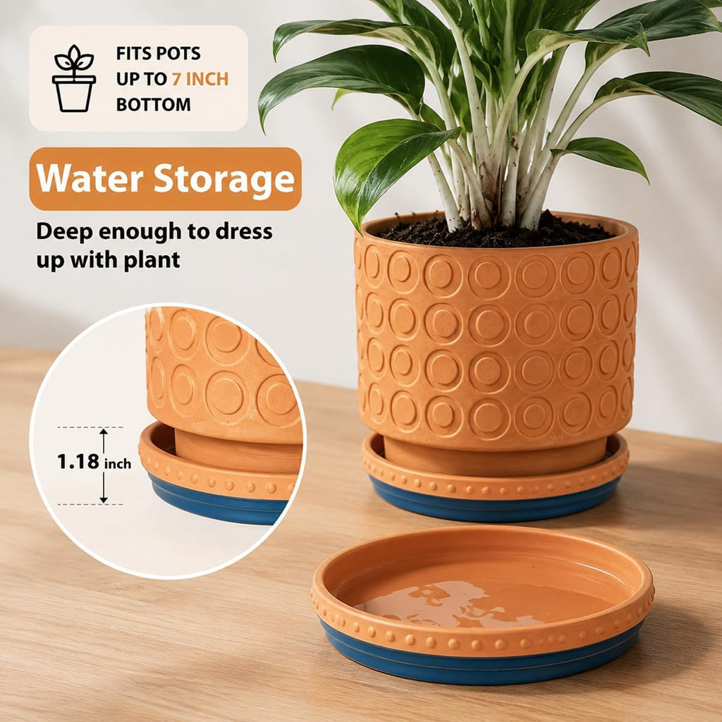 Plant Saucers, 8" Plant Trays to Catch Water, 2 Pcs, Premium Terracotta | Glazed navy blue and terracotta ceramic