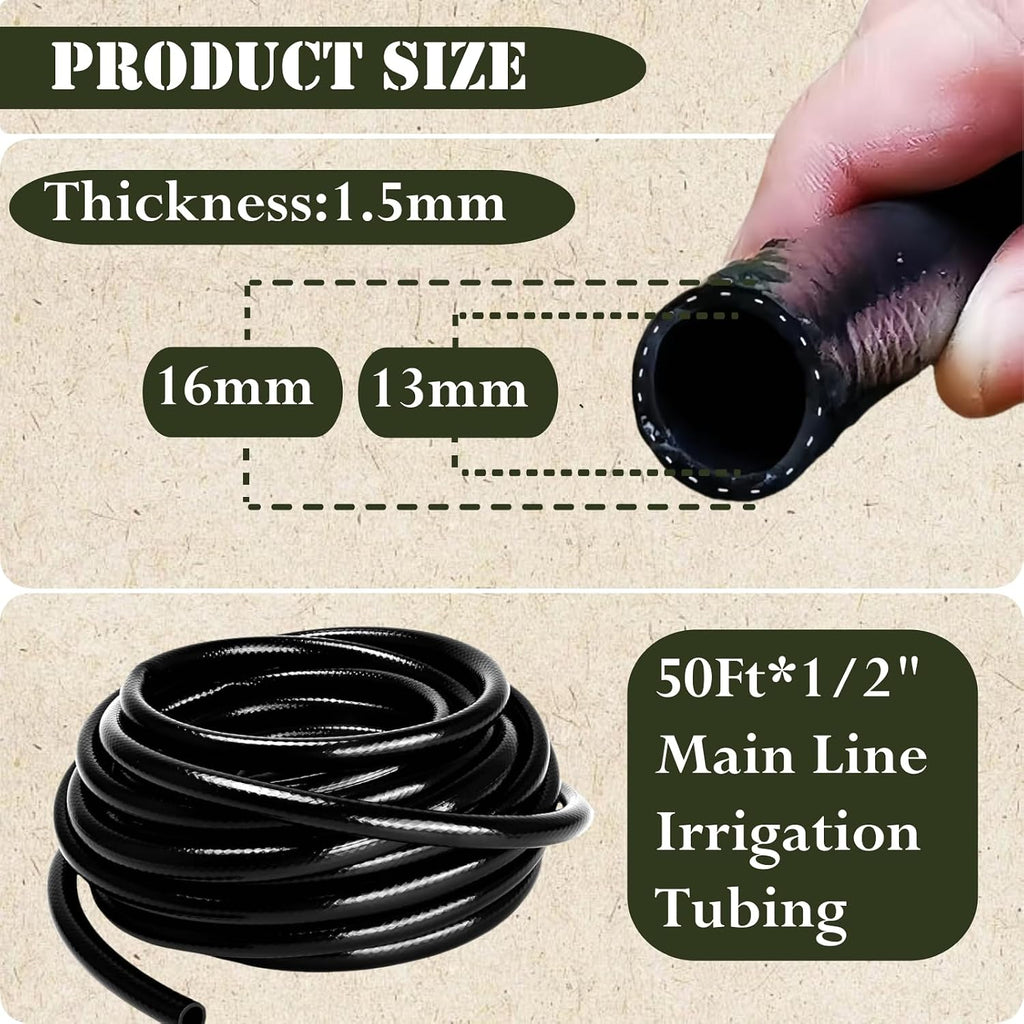 1/2in. Drip Irrigation Tubing - 50FT Drip Line Irrigation System Parts for Garden(Includes 1/2" Straight