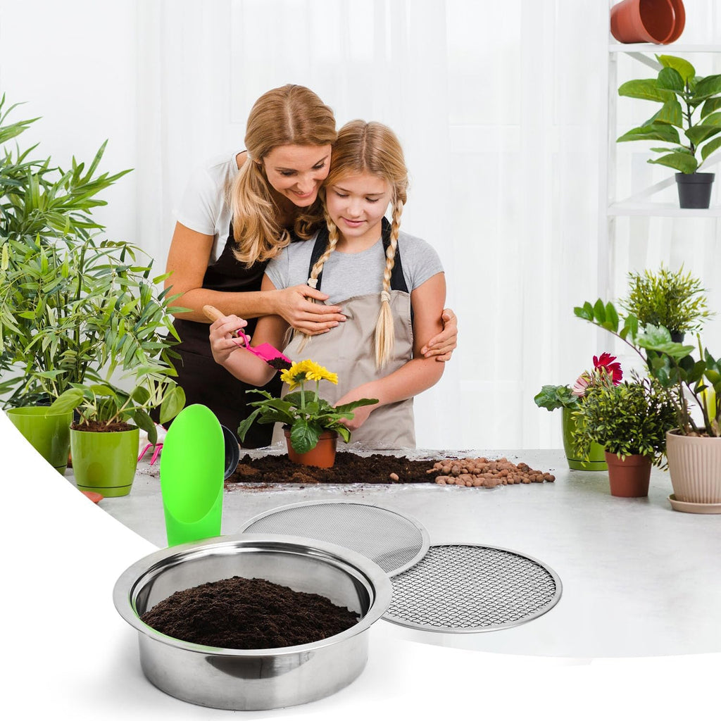 Soil Sieve Set Garden Soil Sifter Stainless Steel Mesh Sifter,Compost Sifter with 1,3,6,9,12mm Sieve Mesh and Bonsai