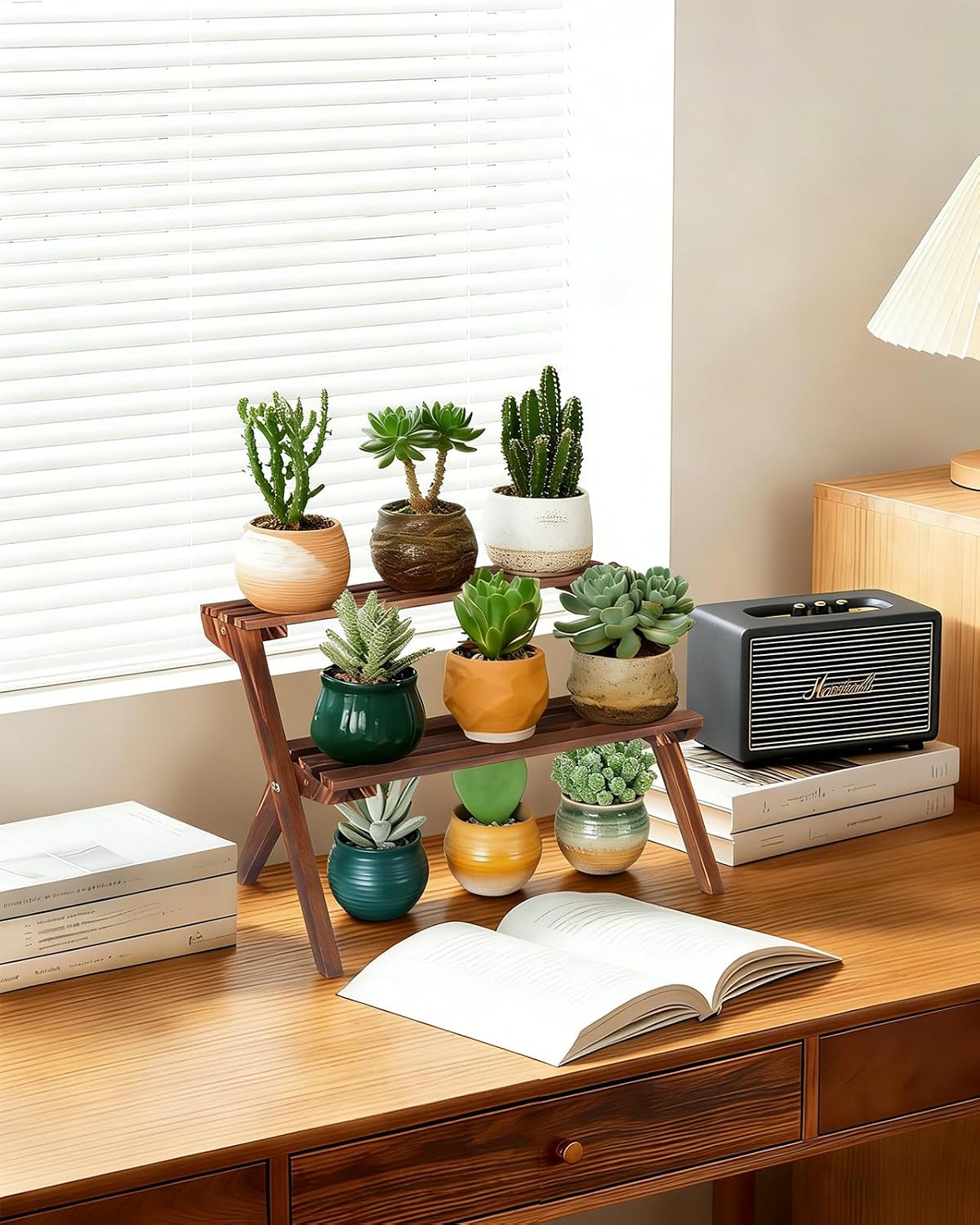 2 Tier Desktop Plant Stand, Wooden Windowsill Plant Shelf Indoor | X-Frame Tabletop Flower Stand, Ladder Succulent