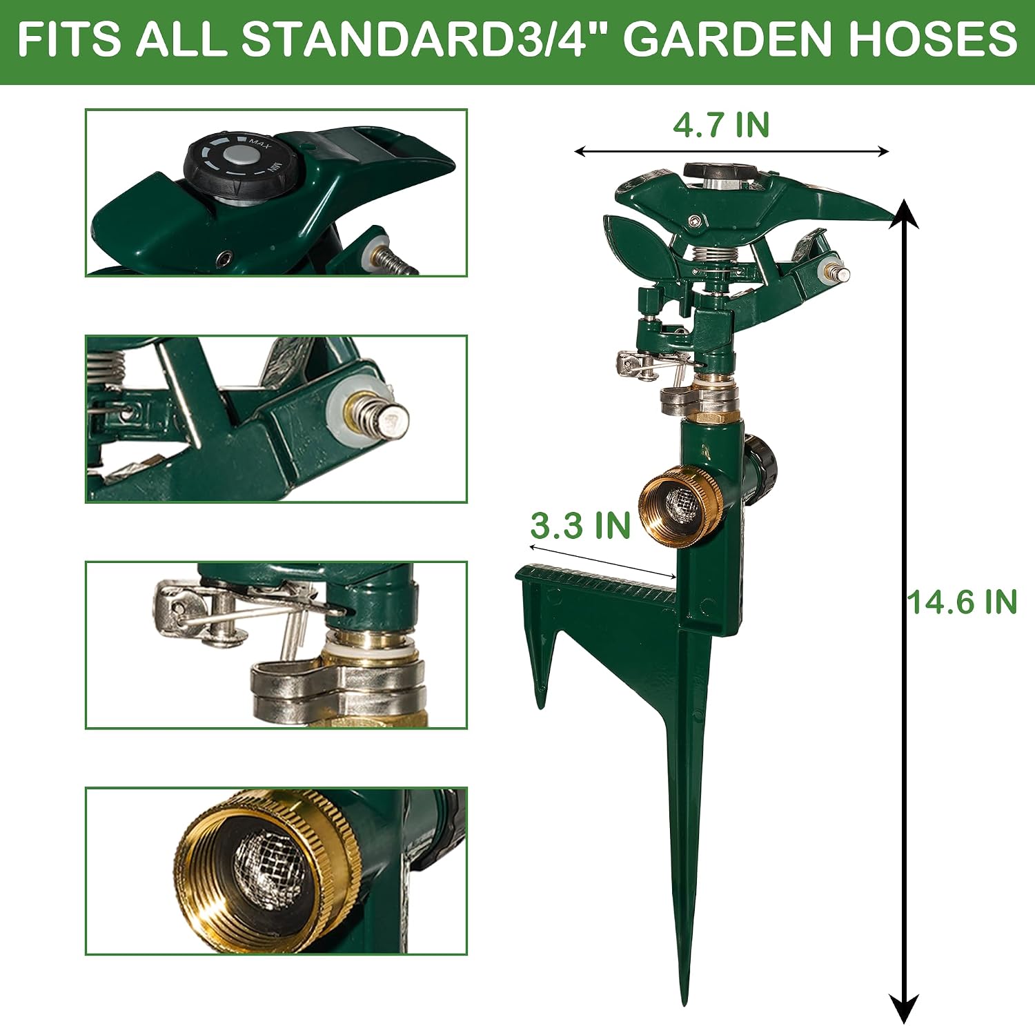 Hourleey 2 Pack Impact Sprinkler for Yard, Adjustable 360 Degree Zinc Alloy Sprinkler Head on Metal Step Spike, Heavy