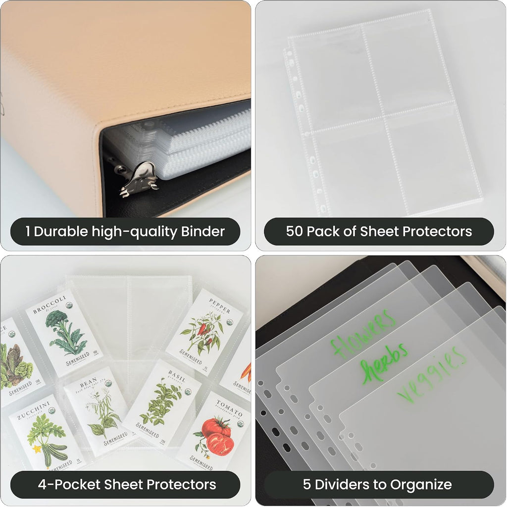 Seed Storage Binder – Garden Seed Organizer with 50 Sheet Protectors, 5 Dividers & Flap-Top Inserts - Stores 200 Seed