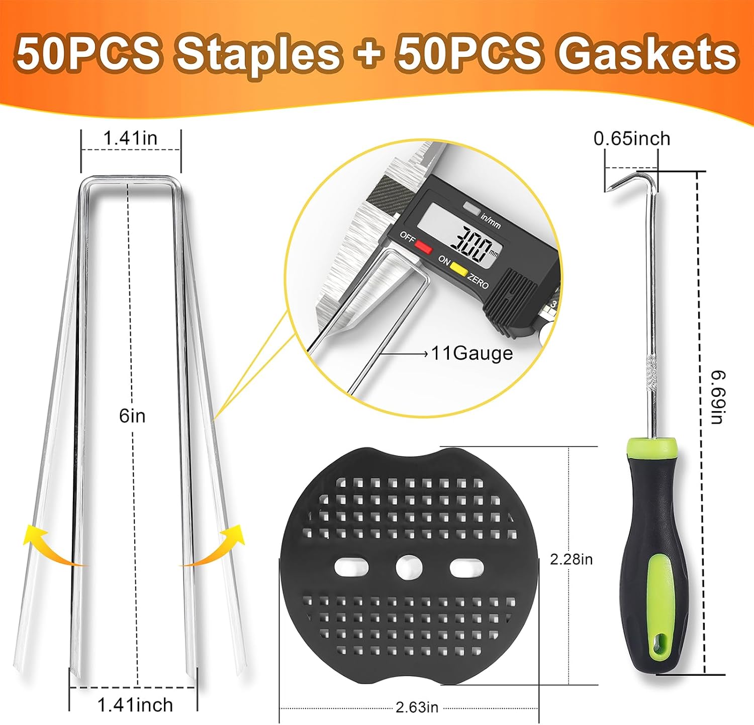 100 Pcs 6" 11 Gauge Landscape Staples with Gaskets & Remover Tool | Galvanized steel U-shaped garden stakes kit with