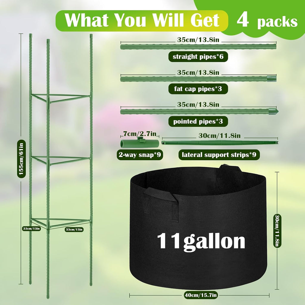 4 Pack Tomato Cages 55 x 12 Inch for Garden with 11 Gallon Round Planter | Pots Grow Bags with Heavy Duty Triangle