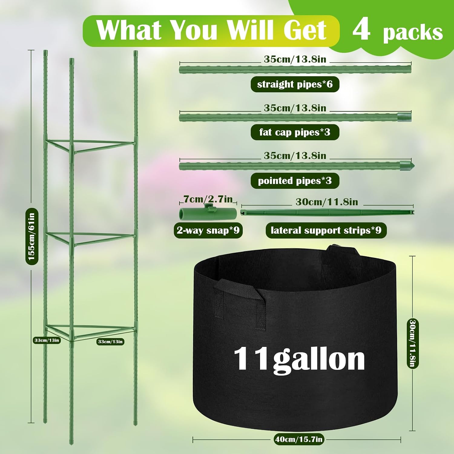 4 Pack Tomato Cages 55 x 12 Inch for Garden with 11 Gallon Round Planter | Pots Grow Bags with Heavy Duty Triangle