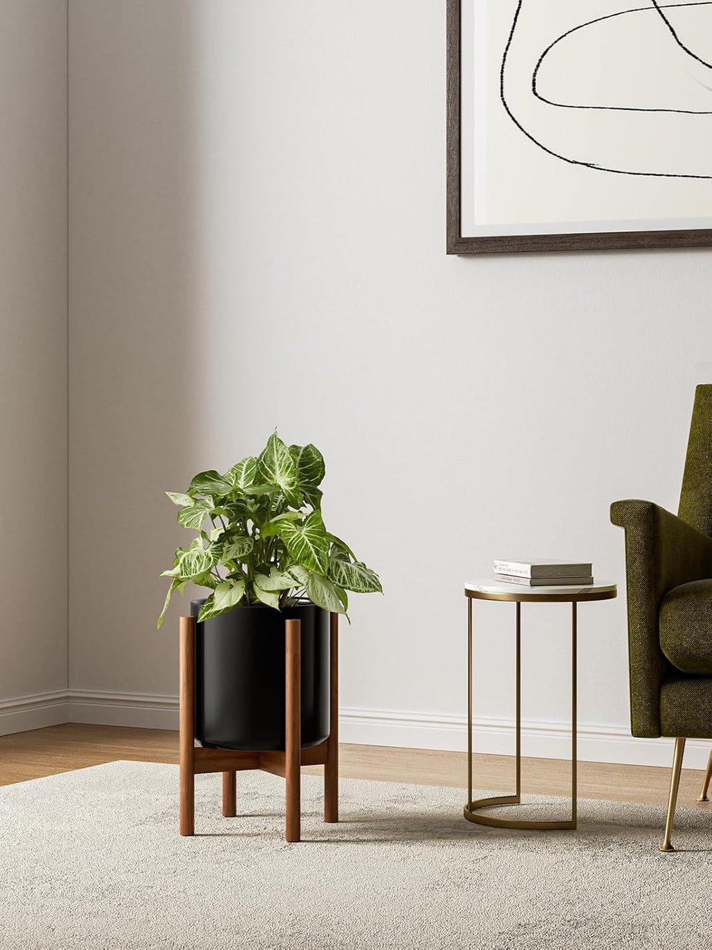 LE TAUCI 10 Inch Planter with Acacia Wood Stand, Ceramic Planter for Indoor Plants with Plant Holder, Mid-Century