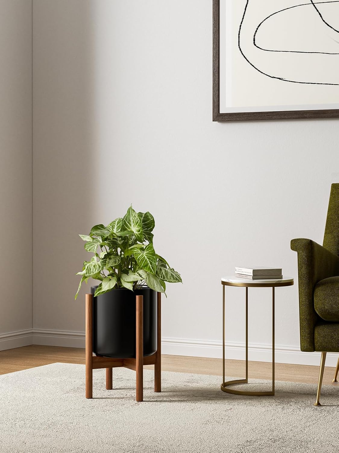 LE TAUCI 10 Inch Planter with Acacia Wood Stand, Ceramic Planter for Indoor Plants with Plant Holder, Mid-Century