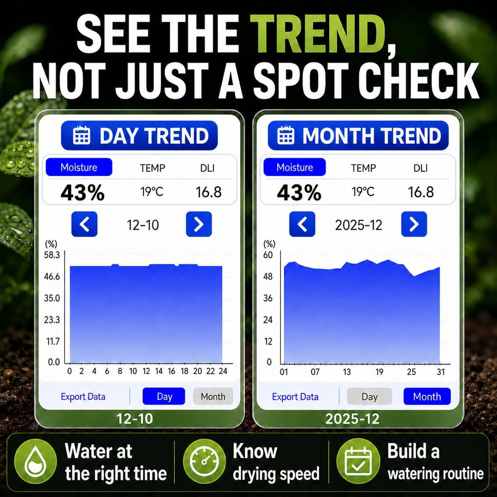 Leave in Soil Moisture Meter, Long Term in Soil Monitoring, Soil Temperature, Sunlight Level Indicator (Full