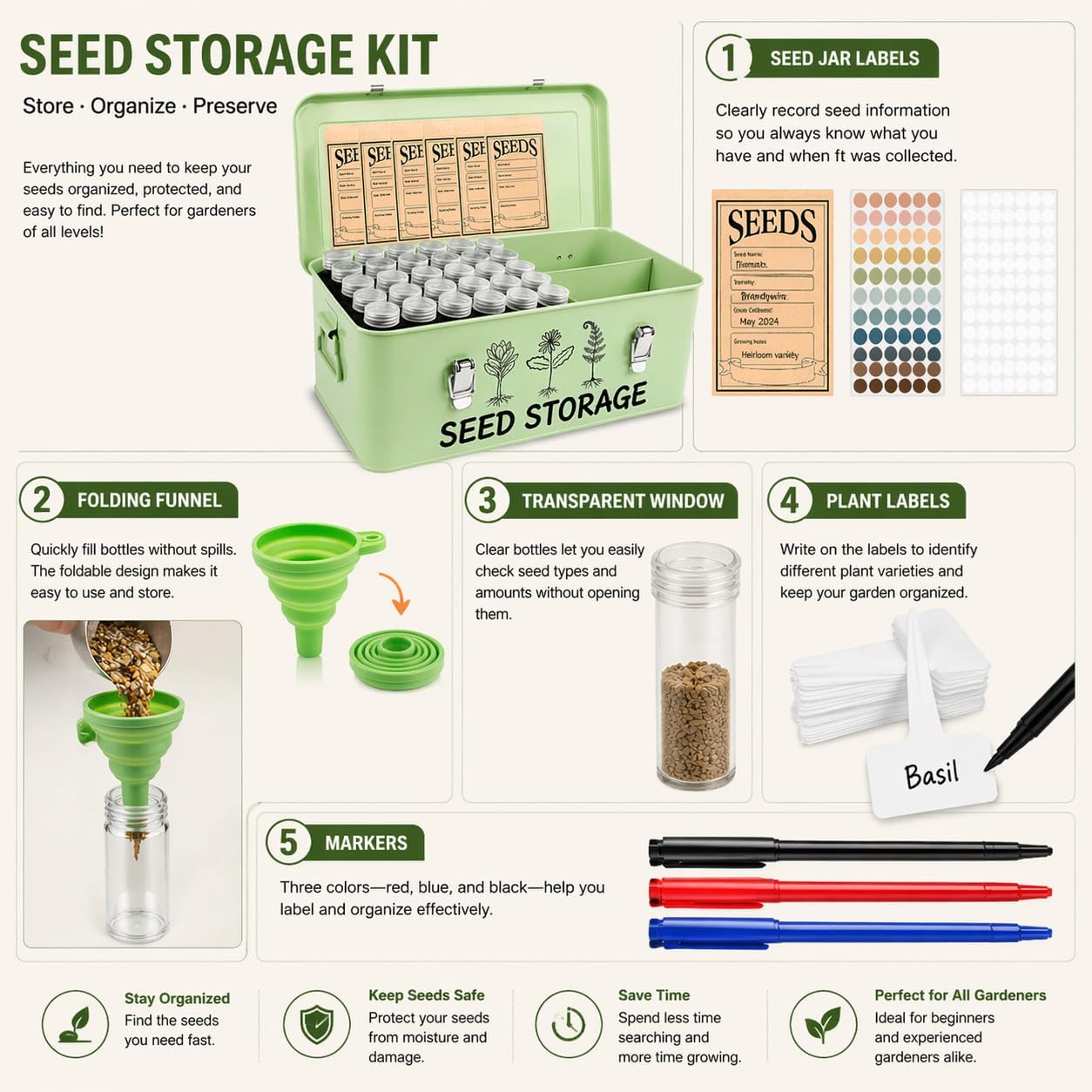 Seed Storage Box – Metal Seed Packet Organizer with Garden String and Bamboo Plant Labels. Seed Container Storage