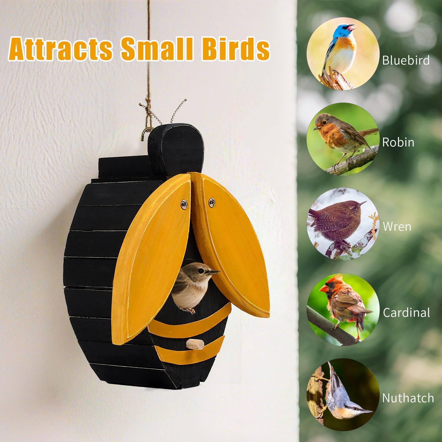 Bird Houses for Outside, Bee-Shaped Birdhouse Attracts Wild Birds (Bluebirds, Finches, Cardinals), Durable Wood Bird