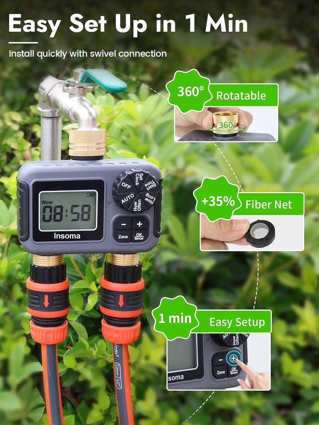 Insoma 2-Zone Water Timer Brass Inlet/Outlet, Programmable Outdoor Hose Faucet Timers with Auto/Manual Modes + Rain