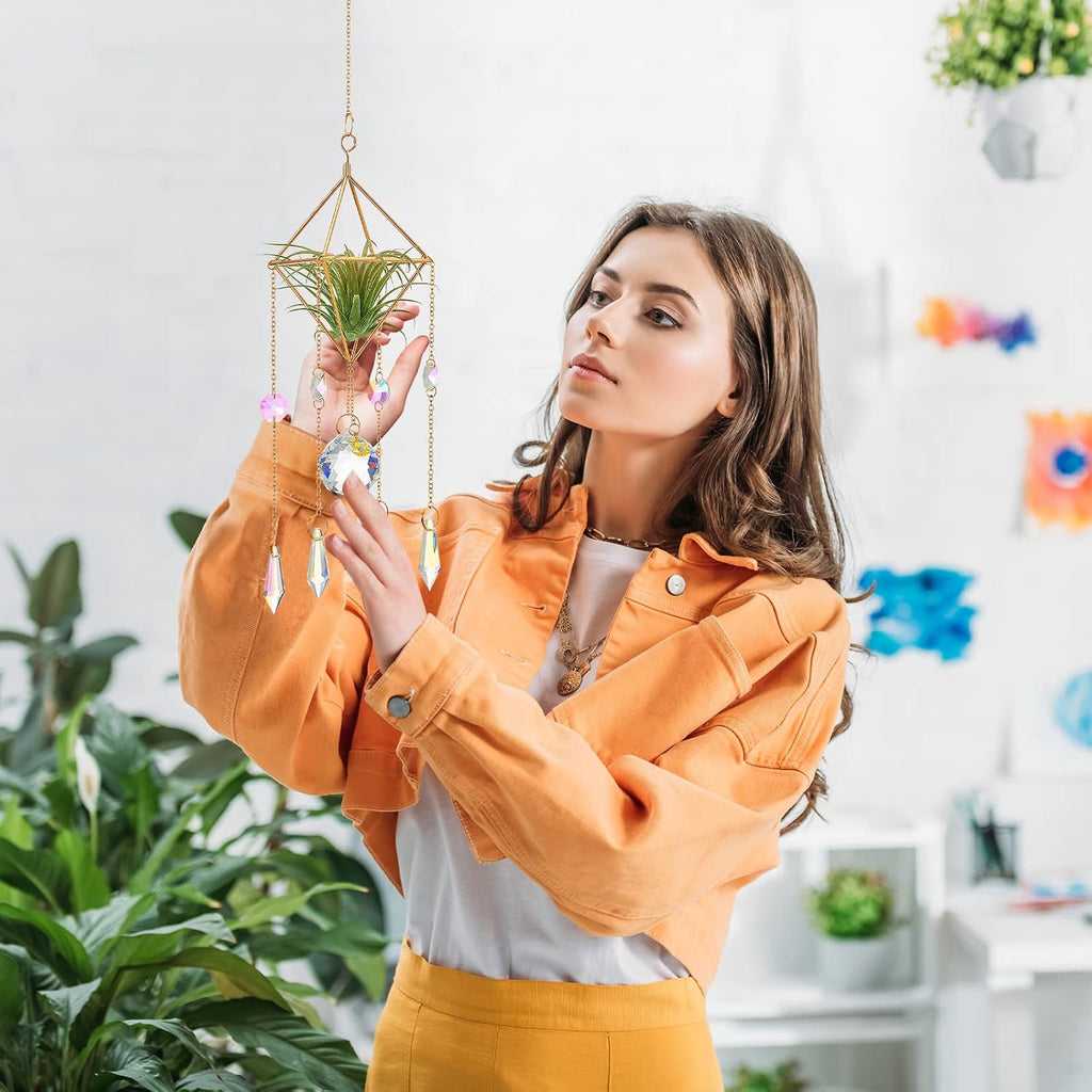 Yookeer 3 Pcs Hanging Air Plant Holder Rustic Style Air Plant Rack Hanger with Crystal Pendant and Chain Golden