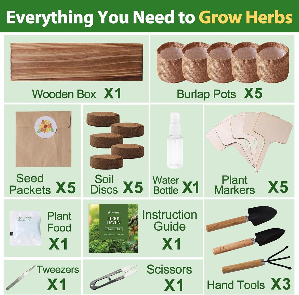 5 Herb Garden Planter Indoor with Wooden Box, Home Kitchen Seed Starter Kit Including Dill, Cilantro, Oregano, Sage