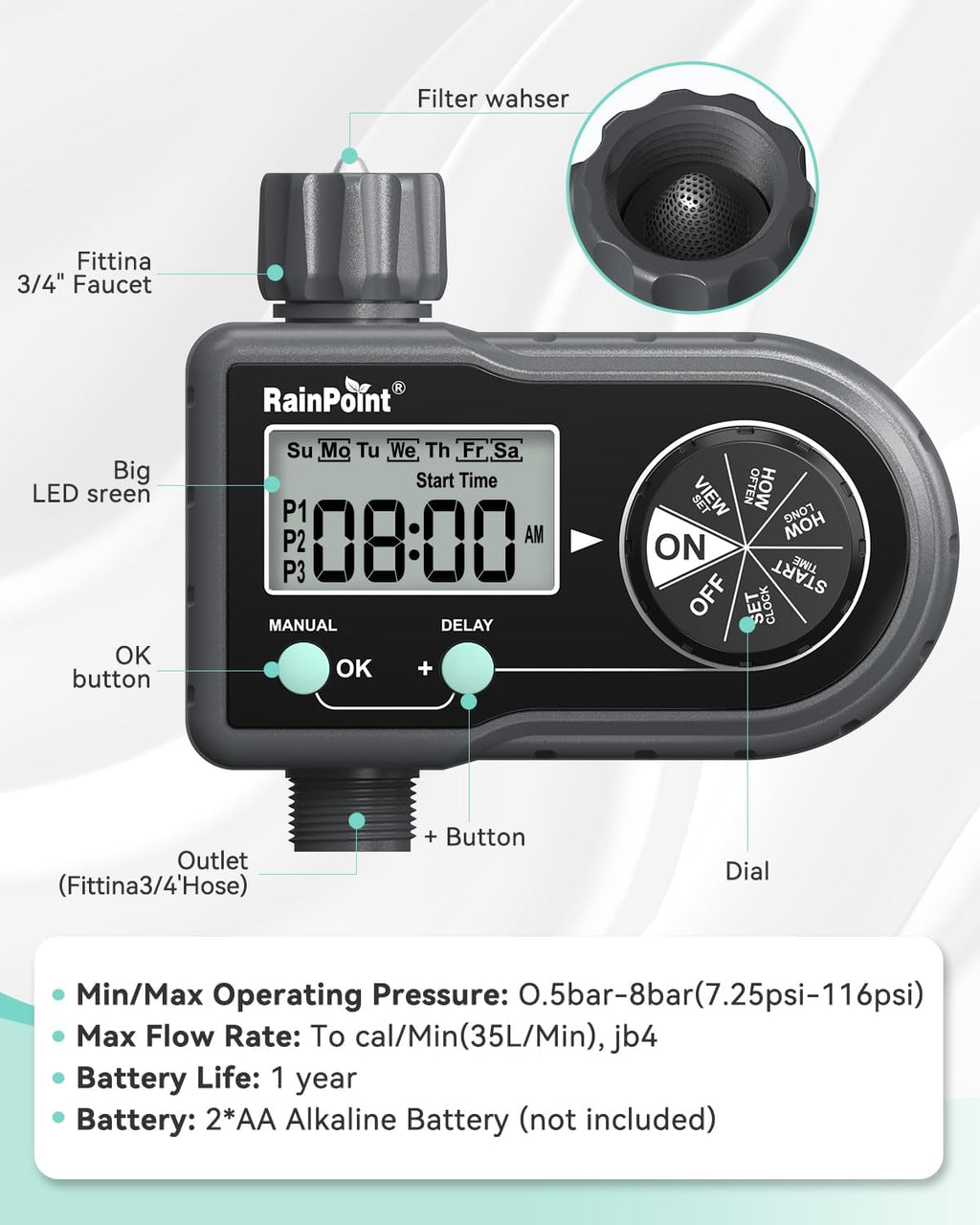 RAINPOINT Sprinkler Timer, Hose Timer with 3 Individual Programs, Water Timer for Garden Hose Faucet, Programmable
