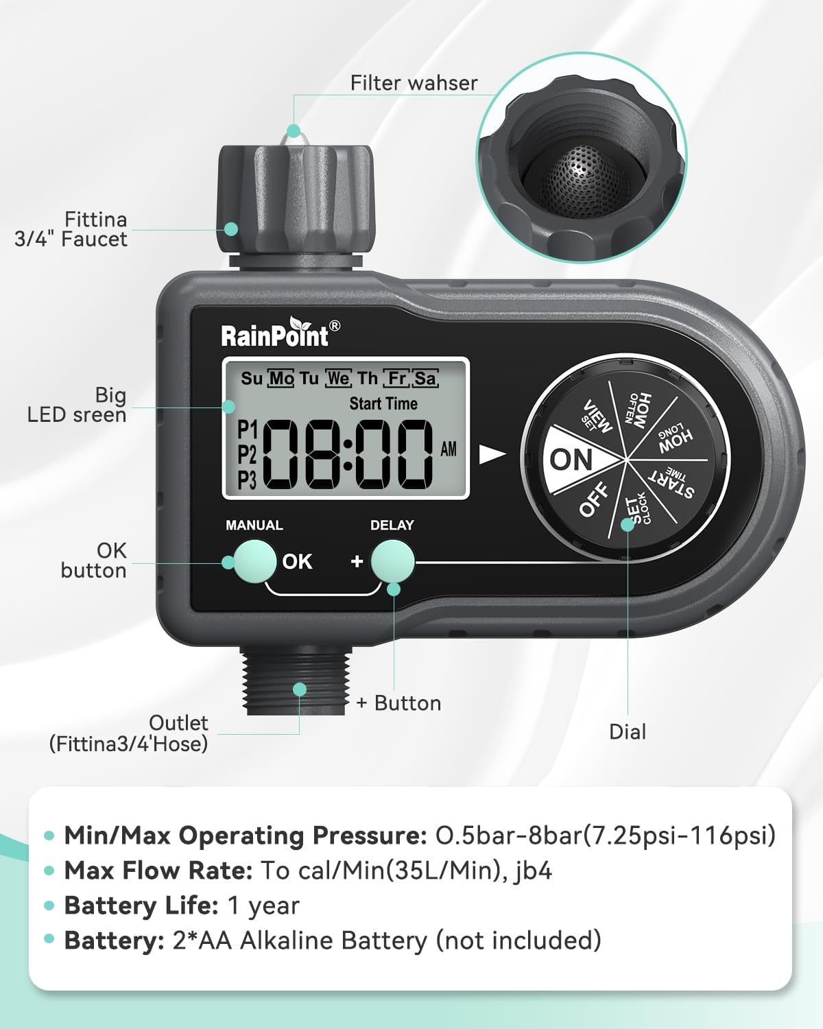 RAINPOINT Sprinkler Timer, Hose Timer with 3 Individual Programs, Water Timer for Garden Hose Faucet, Programmable