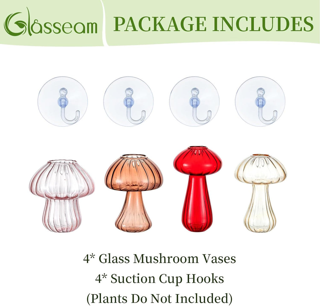 Glasseam Window Plant Propagation Station: 4Pcs Glass Hanging Mushroom Vase | With Suction Cup, Colorful, Cute